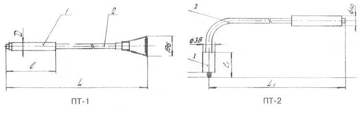 Конструкция и размеры преобразователей ПТ-1, ПТ-2