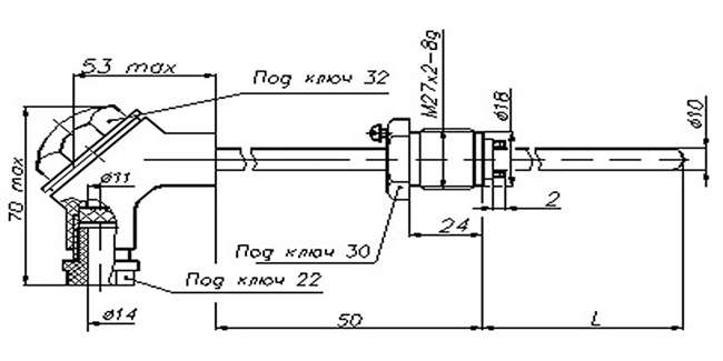 Рис.1. Габаритные и присоединительны размеры термопреобразователя ТХА -1172Р