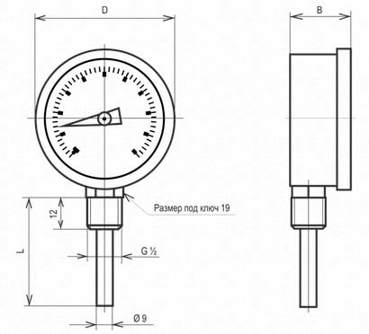 Рис.1. Габаритные и присоединительные размеры термометров биметаллических радиальных ТБУ-63