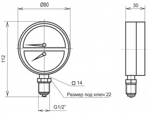 Рис.1. Габаритные и присоединительные размеры термоманометров радиальных МТ-80ТМ-Р