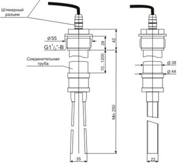 Рис.1. Схема габаритных размеров вилки (камертонного преобразователя) для ВС-341