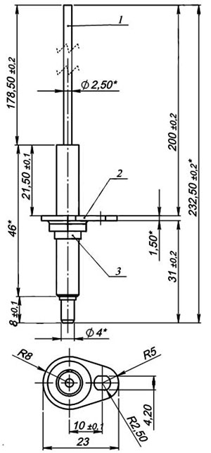 Рис.1. Схема габаритных размеров МК 1443.00.00.00.668 электрода ионизационного